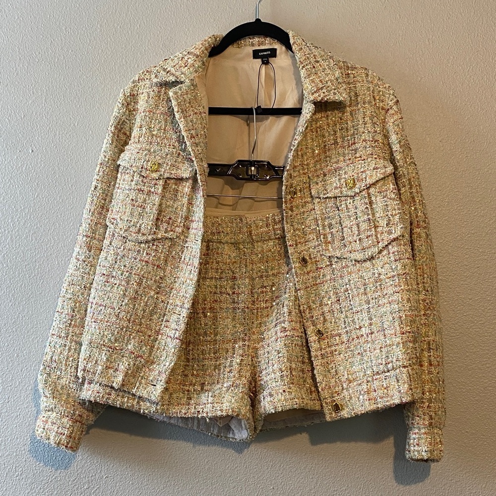 Sequin Tweed Novelty Button Cropped Bomber Jacket and shorts set - Picture 3 of 17
